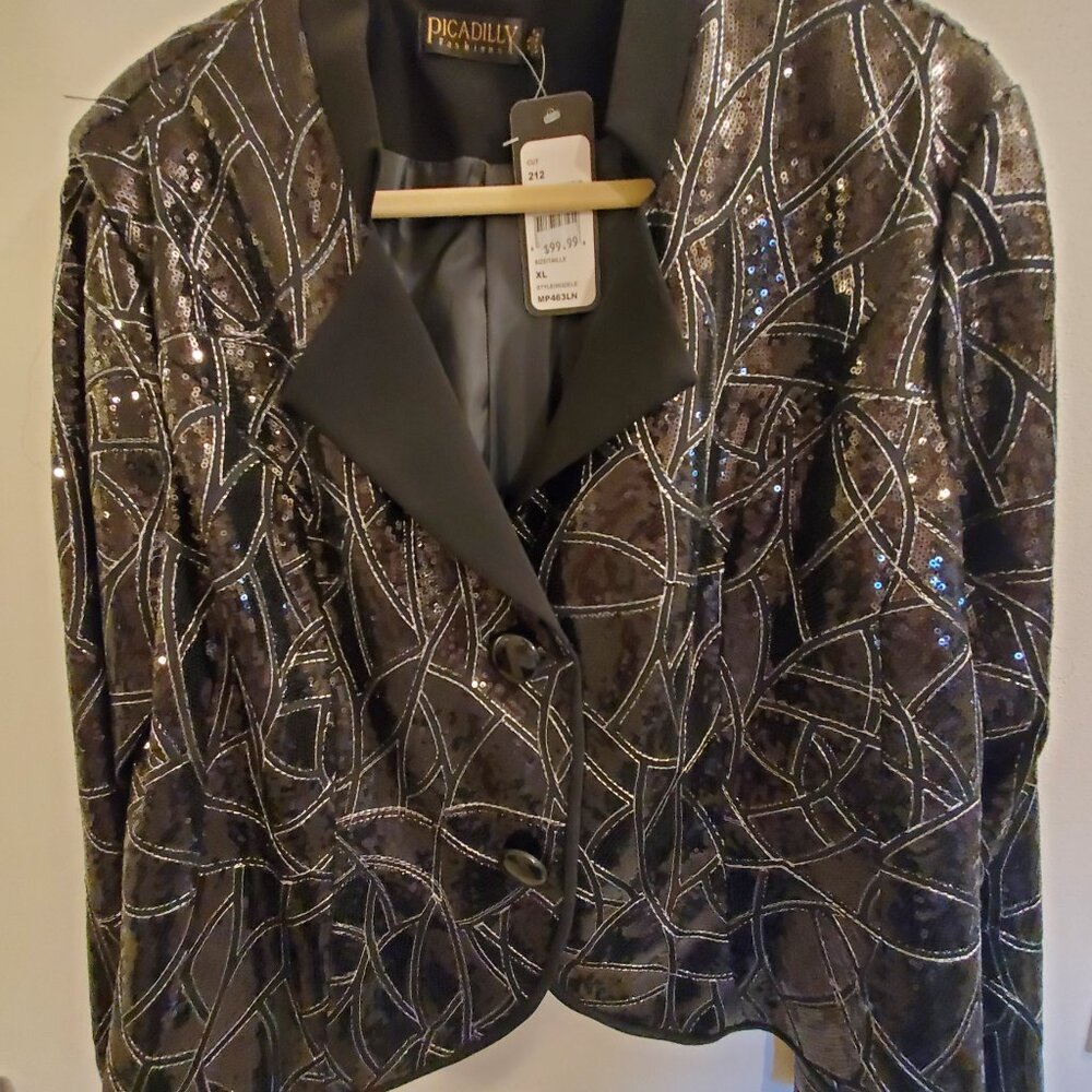 Picadilly Fashions XL Cocktail Jacket Black Sequined Silver Trim New w tags.